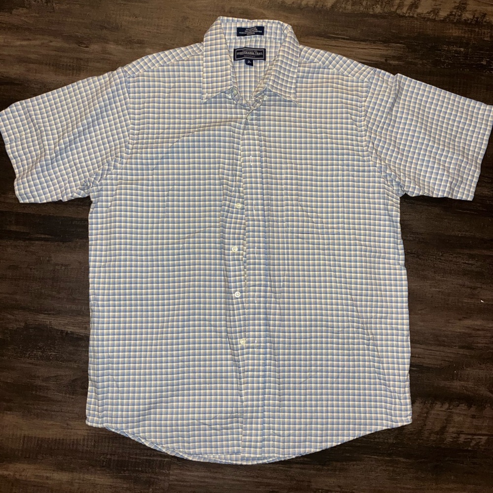 Men's Blue and White Plaid Dress Shirt